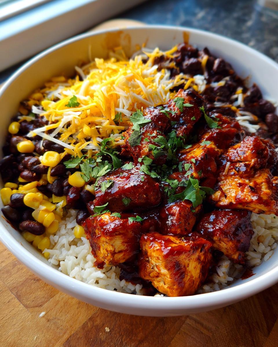 Close-up of a BBQ chicken bowl with rice, black beans, corn, shredded cheese, and chopped chicken in BBQ sauce.