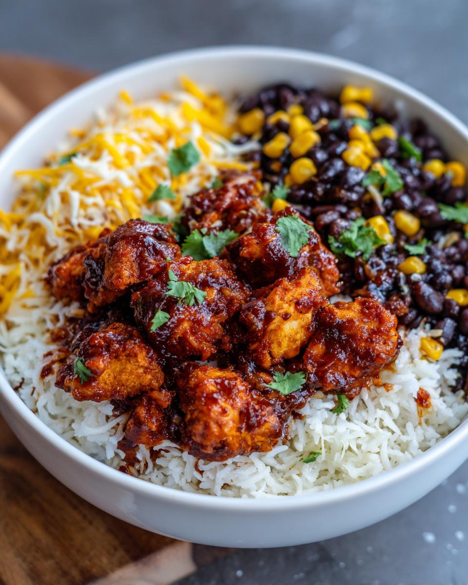 Close-up of a BBQ Chicken Bowl with rice, black beans, corn, shredded cheese, and cilantro.