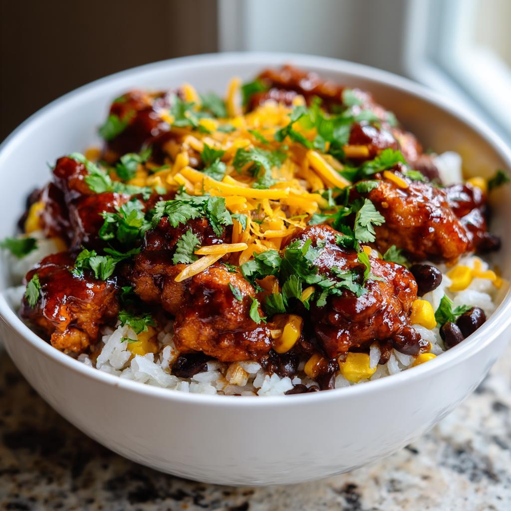 A close-up of an easy dinner BBQ chicken bowl topped with shredded cheese and cilantro.