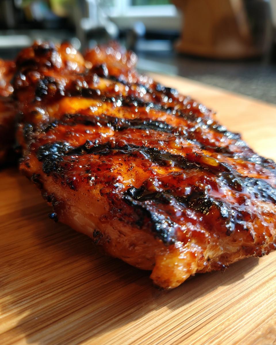 Close-up of juicy BBQ Pineapple Chicken grilled with char marks, resting on a wooden board.