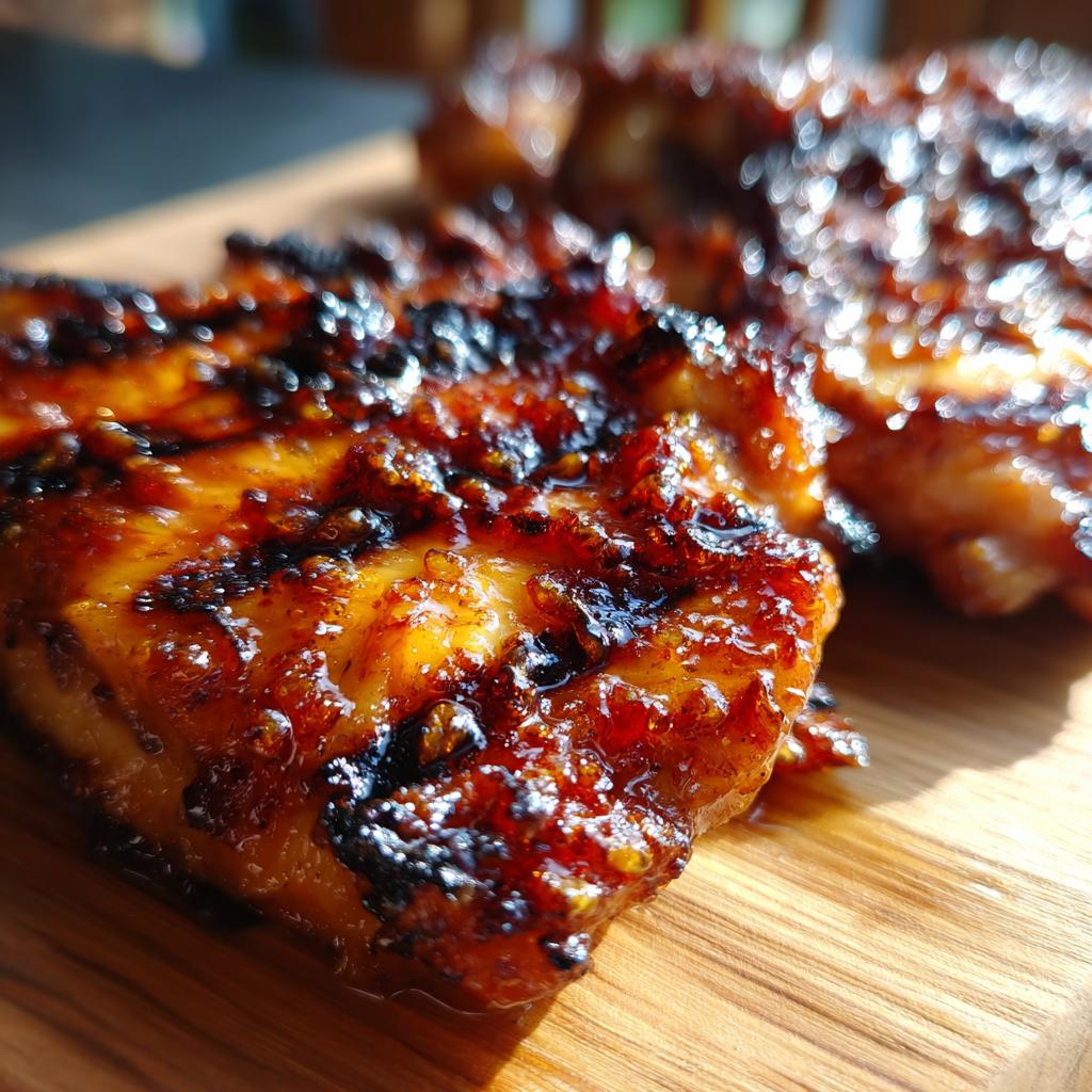 Close-up of juicy BBQ Pineapple Chicken, grilled with a caramelized glaze and char marks, served on a wooden board.
