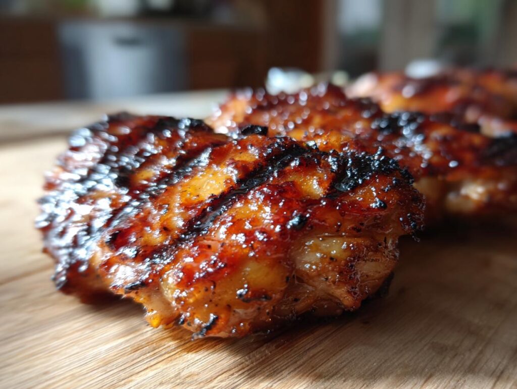 Close-up of juicy BBQ pineapple chicken pieces with grill marks, perfect for summer grilling recipes.