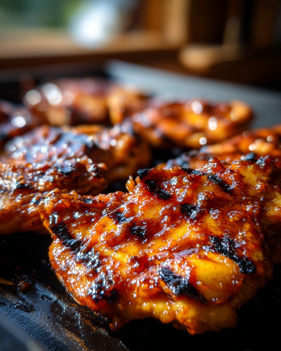 Close-up of juicy BBQ pineapple chicken pieces grilling with char marks, perfect for summer nights.