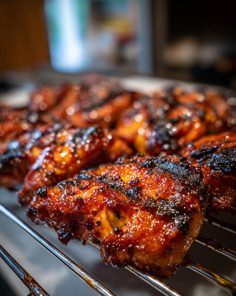 Close-up of juicy BBQ Pineapple Chicken pieces grilling on a metal rack, with a glossy glaze and char marks.