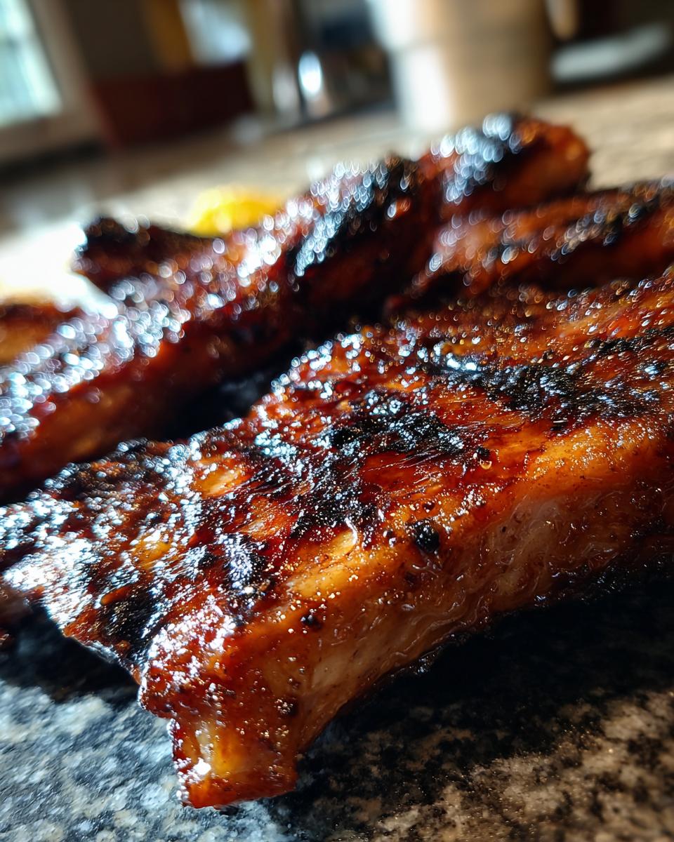 Close-up of glistening BBQ pineapple chicken ribs, perfectly grilled for summer nights.