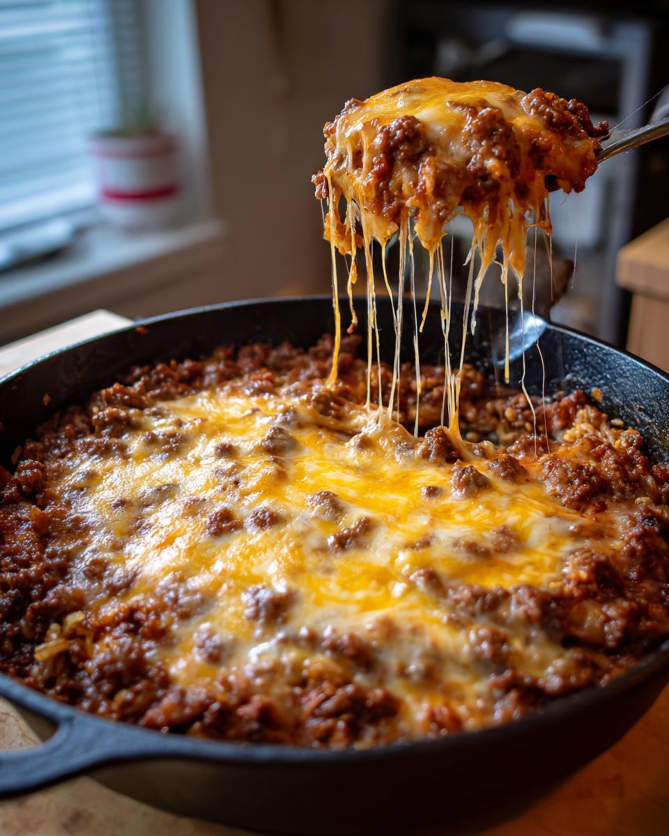 A scoop of cheesy Beef Taco Skillet being lifted, showing melted cheese strings, perfect for easy dinner recipes for families.