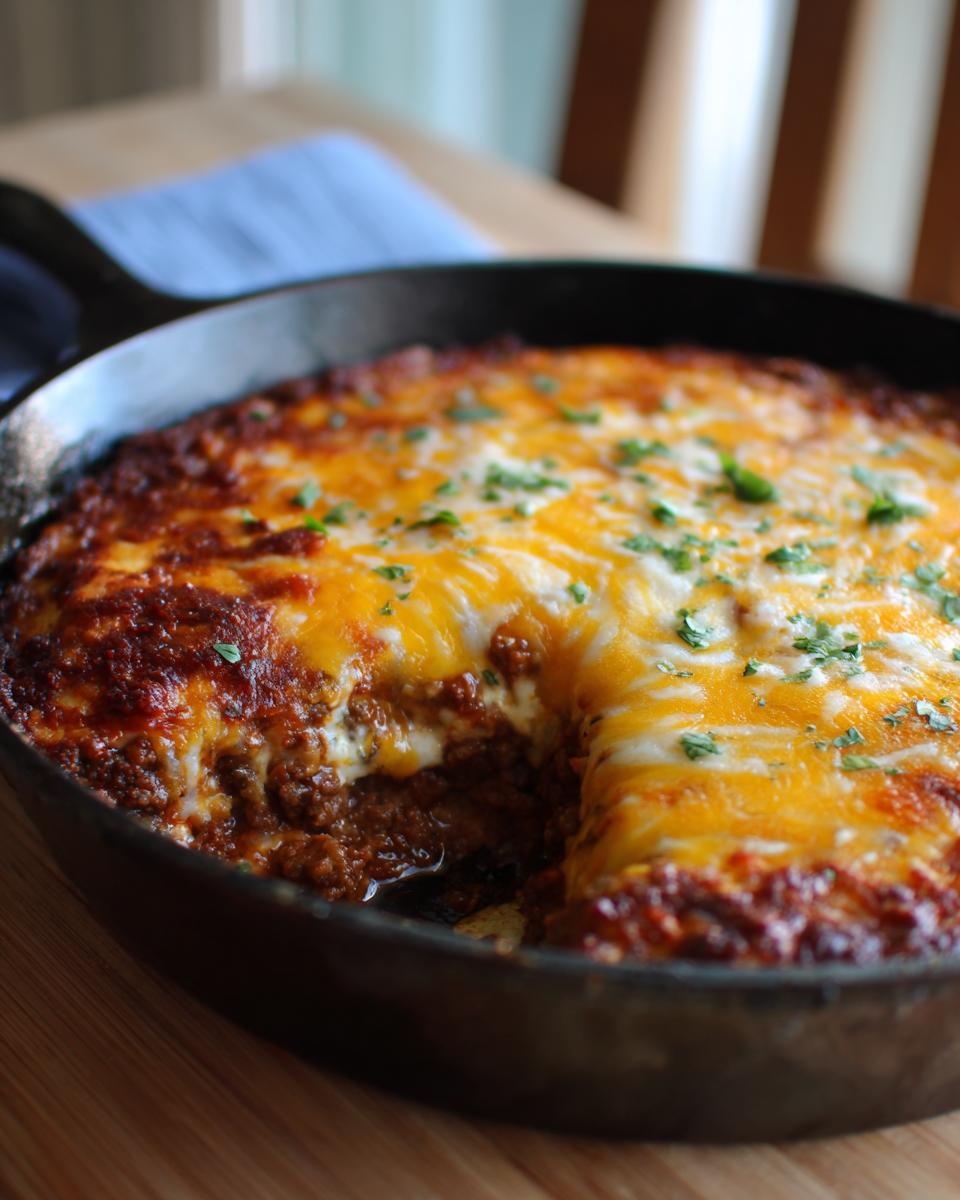 A close-up of a hearty Beef Taco Skillet in a cast iron pan, topped with melted cheddar cheese and fresh cilantro.