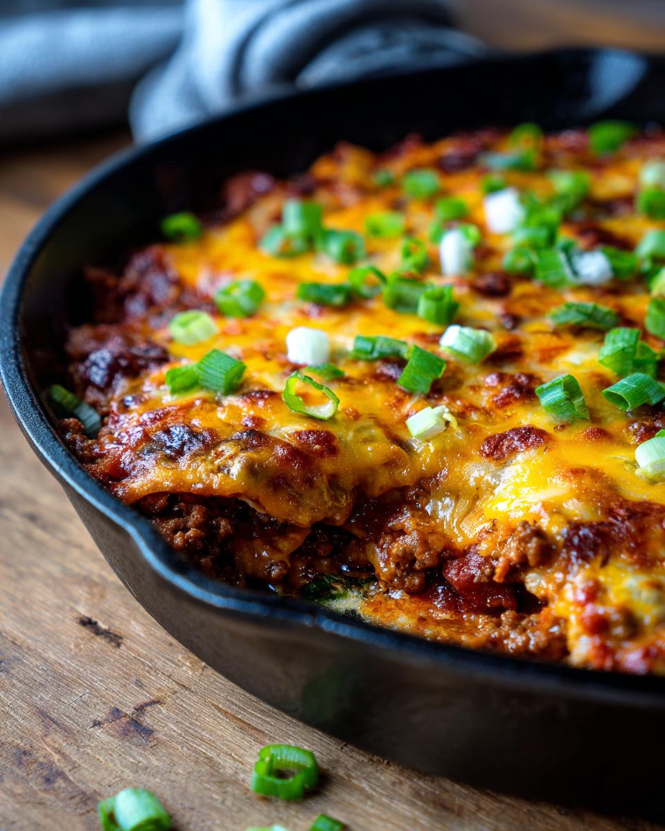 Close-up of a bubbling Beef Taco Skillet, topped with melted cheese and green onions, perfect for easy dinner recipes.
