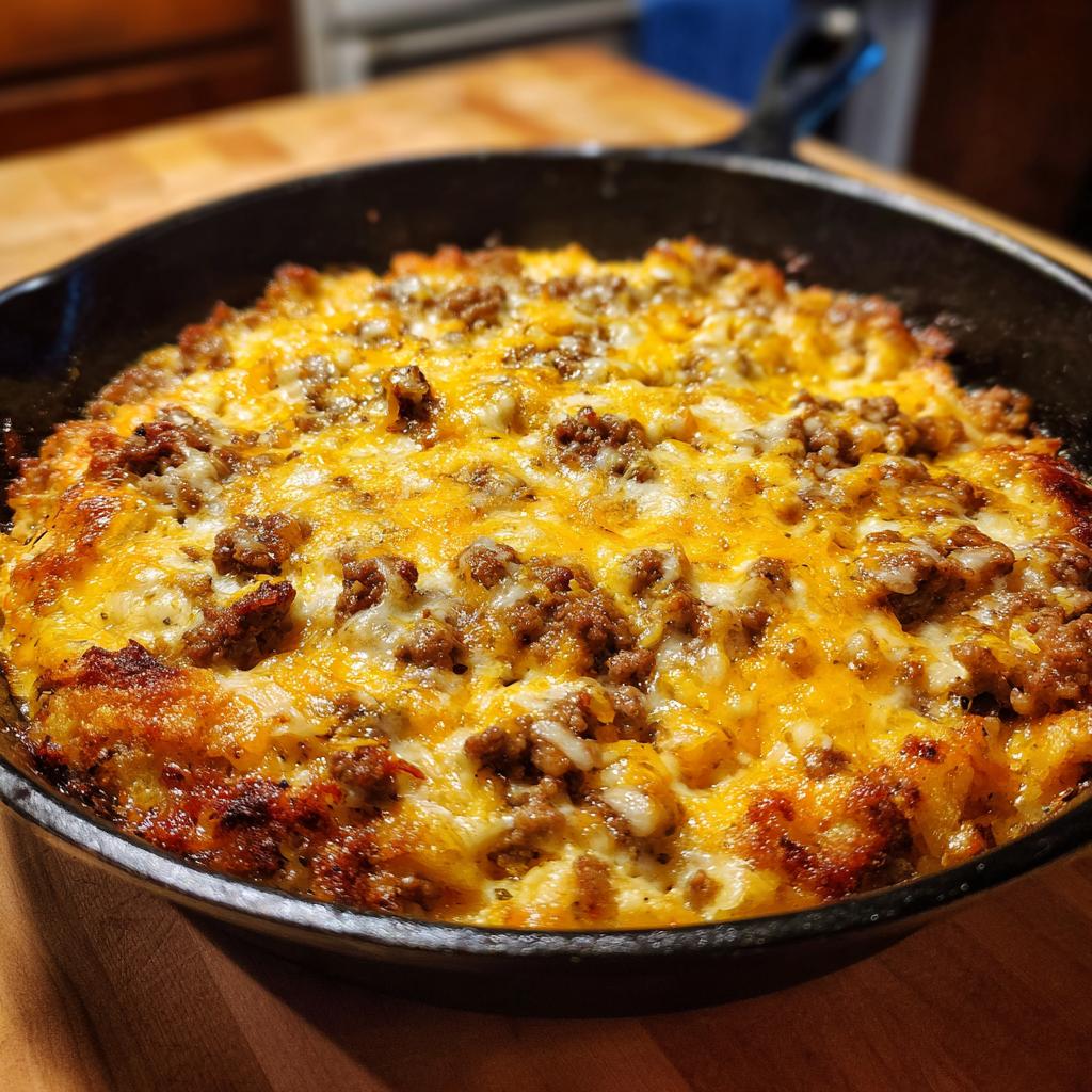 A delicious Beef Taco Skillet with melted cheese and seasoned ground beef, fresh from the oven in a cast iron pan.