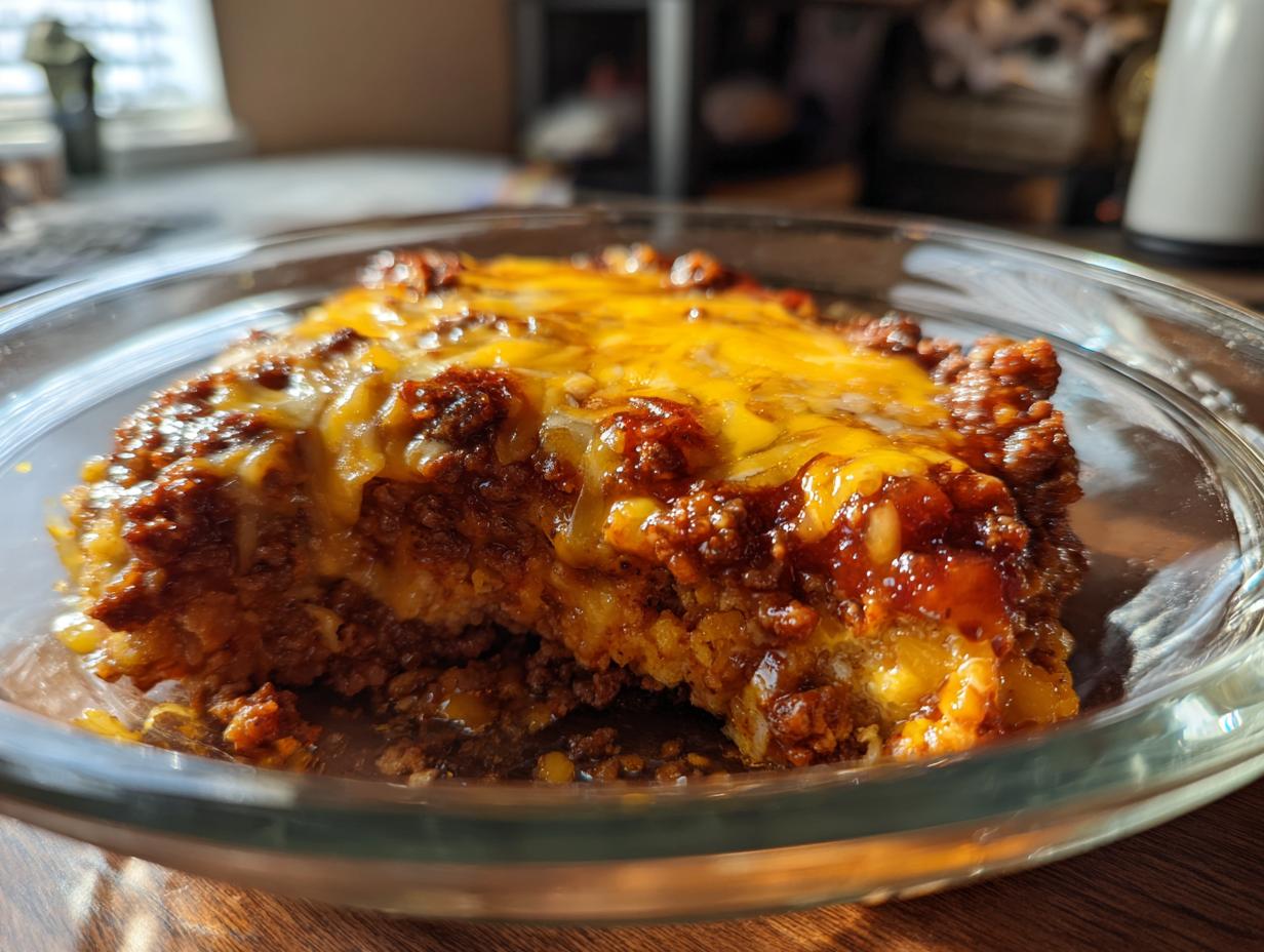 A close-up of a slice of Beef Taco Skillet, topped with melted cheddar cheese.