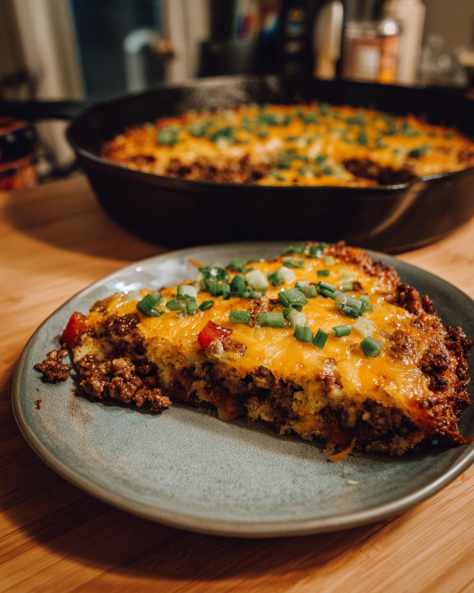 A slice of Beef Taco Skillet topped with melted cheese and chopped green onions, served on a plate.