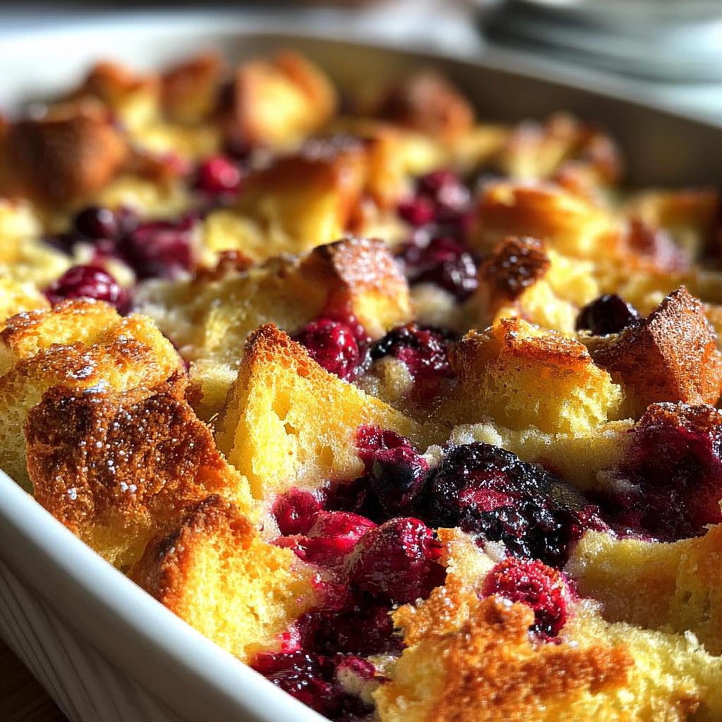 Close-up of a Berry French Toast Bake in a white dish, featuring golden-brown bread cubes and mixed berries.