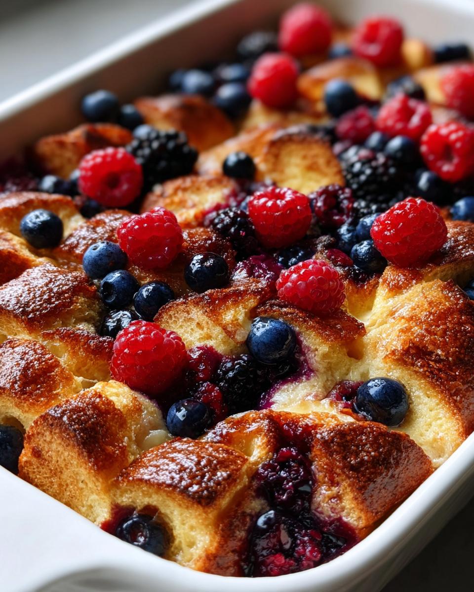 Close-up of a freshly baked Berry French Toast Bake in a white dish, topped with raspberries, blueberries, and blackberries.