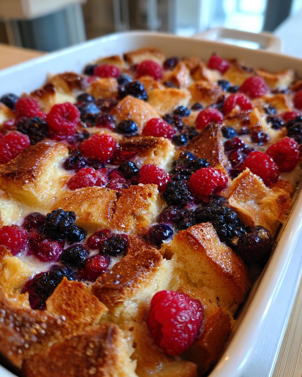 Close-up of a baked Berry French Toast Bake in a white dish, featuring golden bread cubes, fresh raspberries, blueberries, and blackberries.