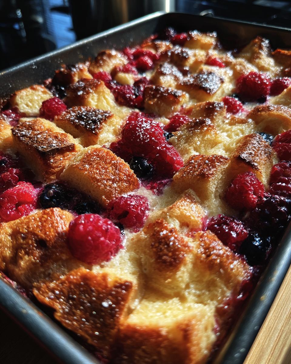 Close-up of a freshly baked Berry French Toast Bake in a rectangular pan, topped with powdered sugar.