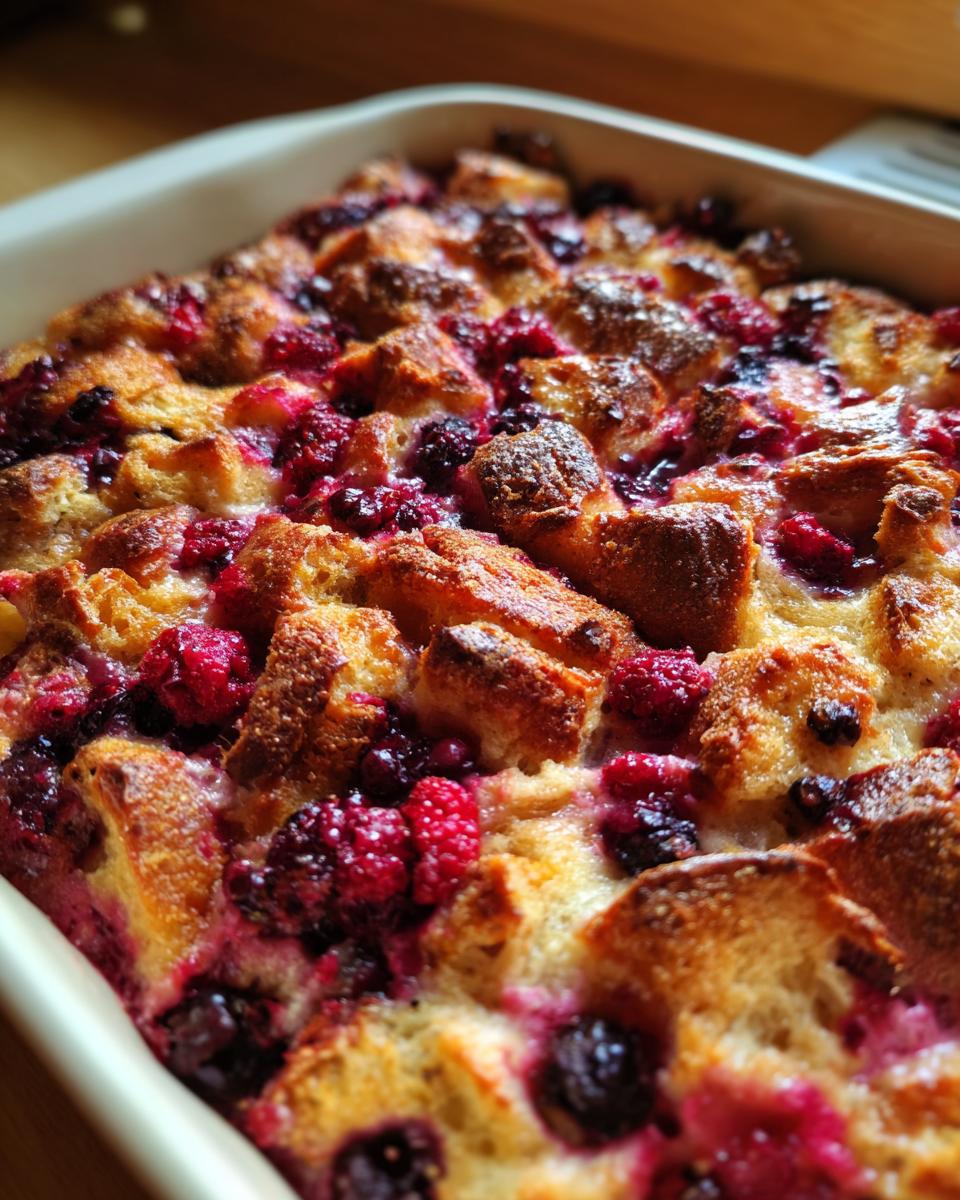 Close-up of a golden-brown Berry French Toast Bake, with visible raspberries and blackberries baked into the bread pudding.