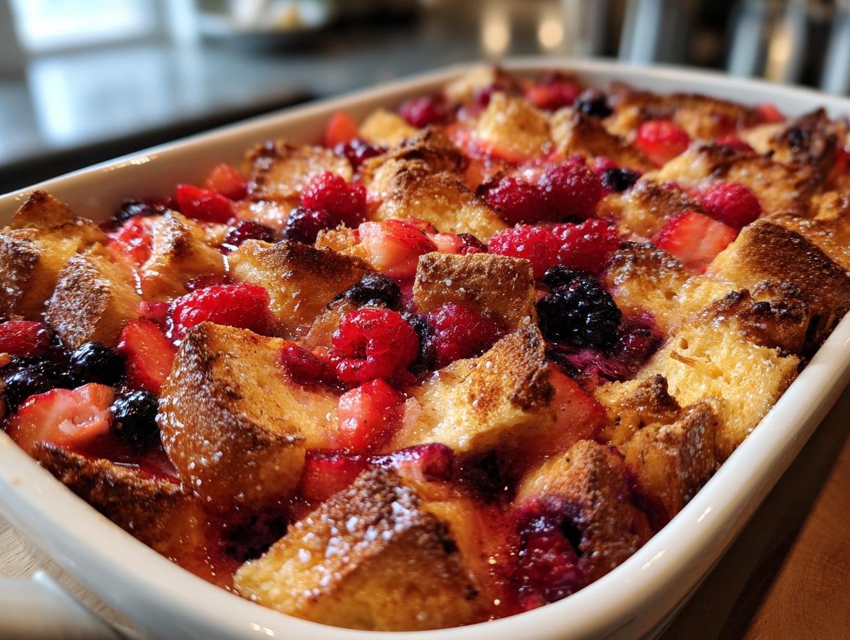 Close-up of a freshly baked Berry French Toast Bake in a white dish, with golden-brown bread and juicy berries.