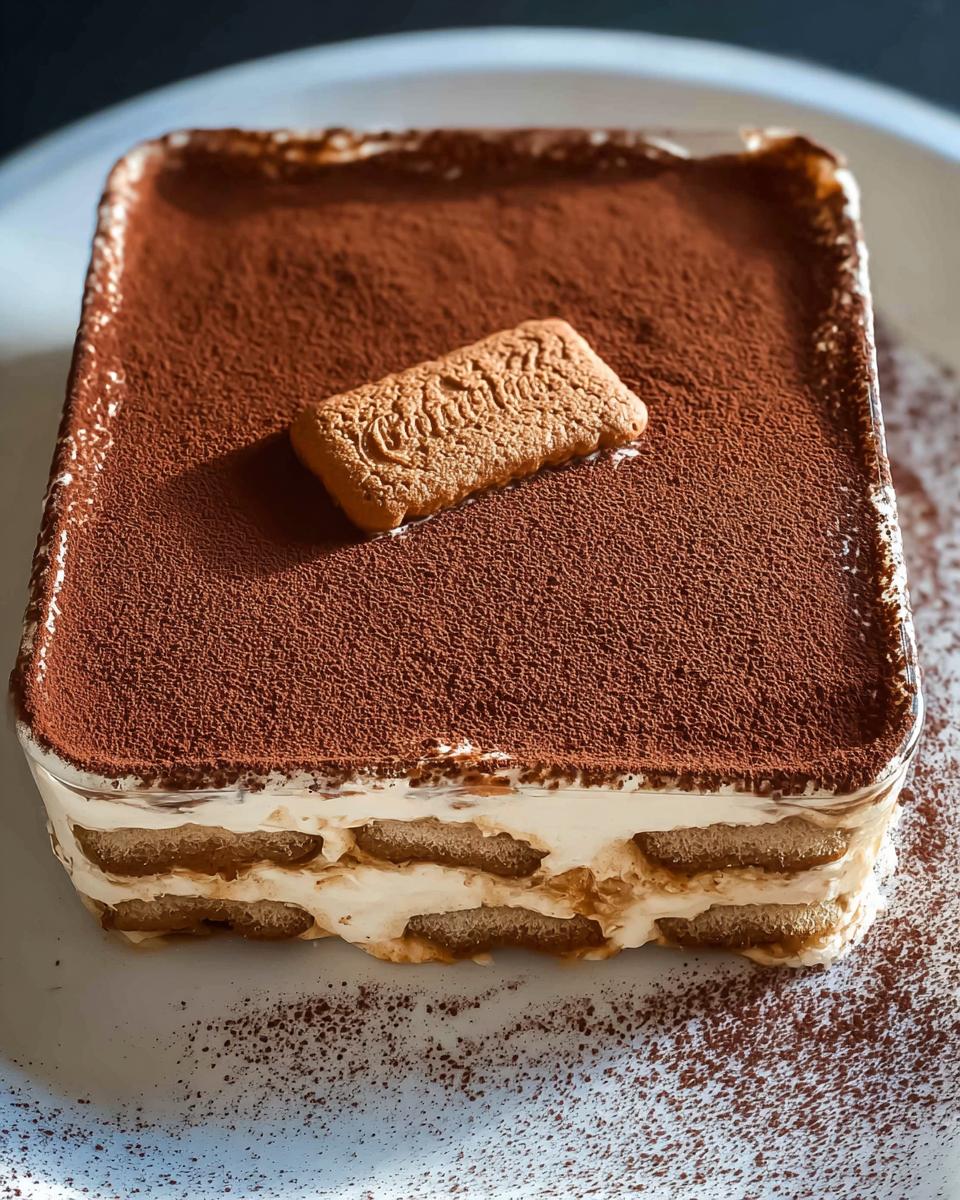 A square Biscoff Tiramisu dessert topped with cocoa powder and a single Biscoff cookie.