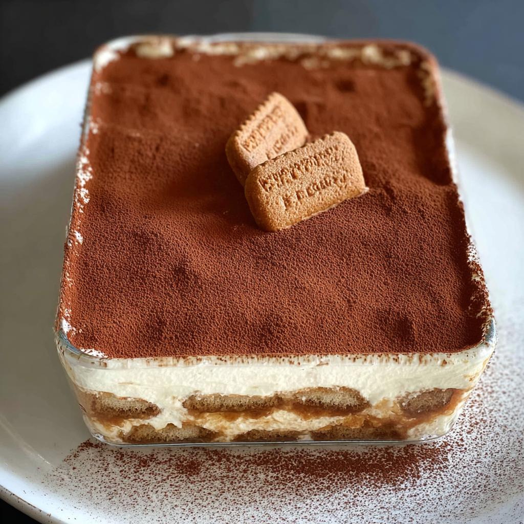 A close-up of a Biscoff Tiramisu in a glass dish, topped with cocoa powder and two Biscoff cookies.