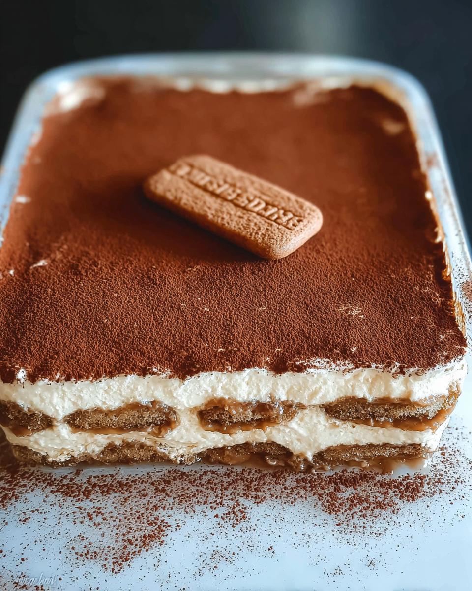 A close-up of a Biscoff Tiramisu dessert in a glass dish, topped with cocoa powder and a single Biscoff cookie.