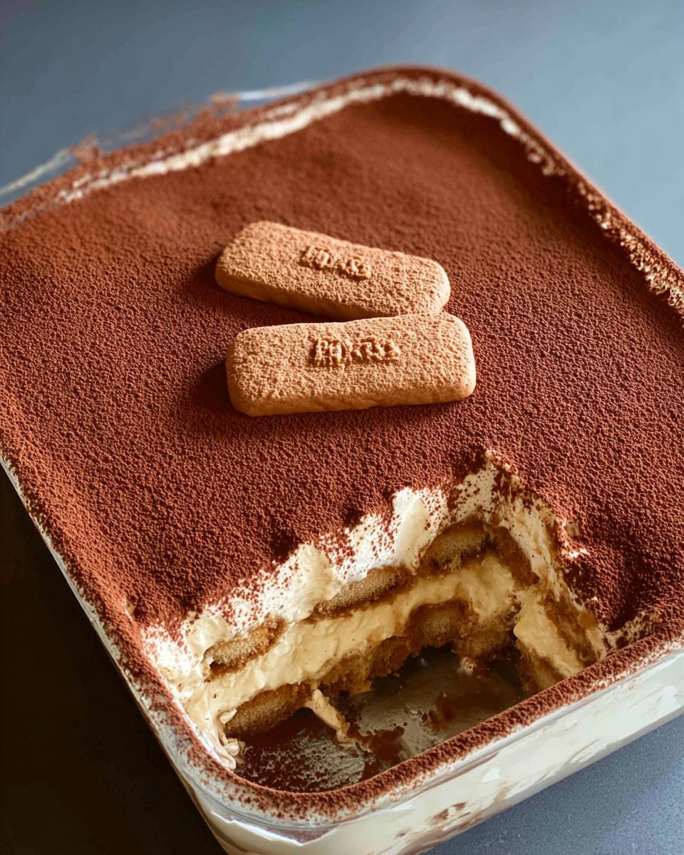 A delicious Biscoff Tiramisu dessert in a glass dish, topped with cocoa powder and two Biscoff cookies.