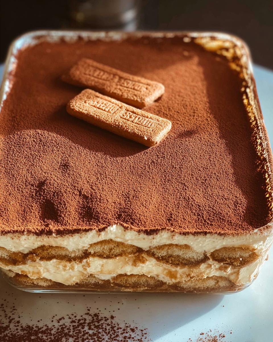 A delicious Biscoff Tiramisu dessert in a glass baking dish, topped with cocoa powder and two Biscoff cookies.