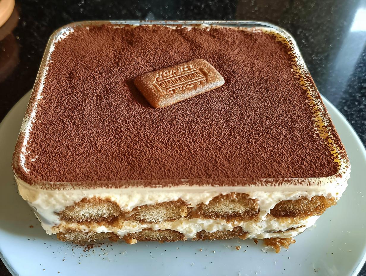 A square Biscoff Tiramisu in a glass dish, topped with cocoa powder and a Biscoff cookie.