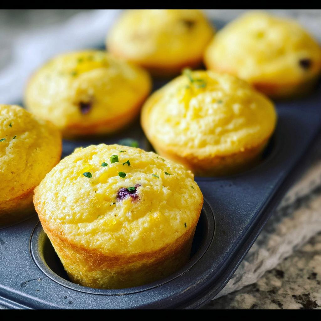 Close-up of golden-brown Blueberry and Lemon Zest Cottage Cheese Bites in a muffin tin, garnished with chives.