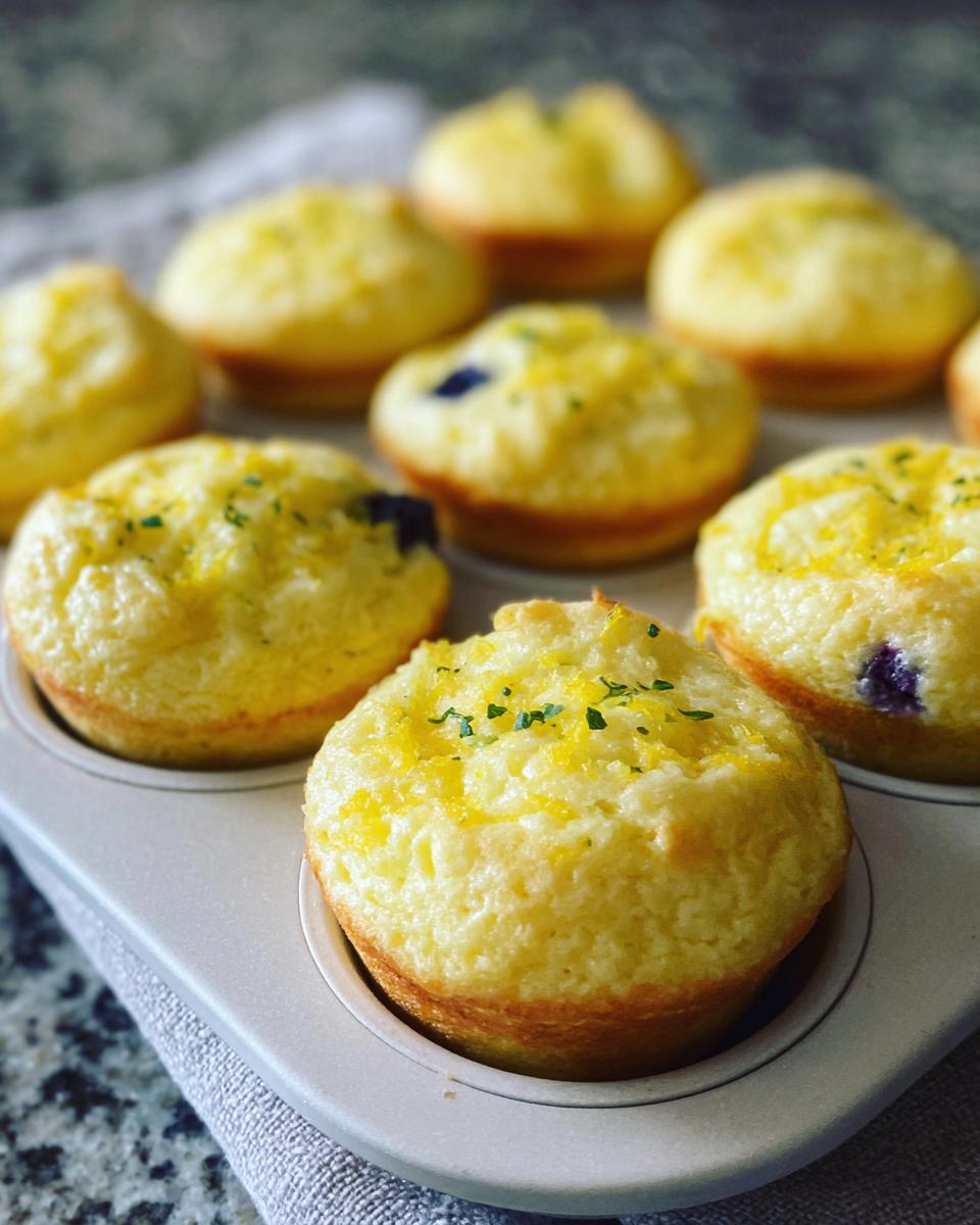 Close-up of freshly baked Blueberry and Lemon Zest Cottage Cheese Bites in a muffin tin, topped with lemon zest and parsley.