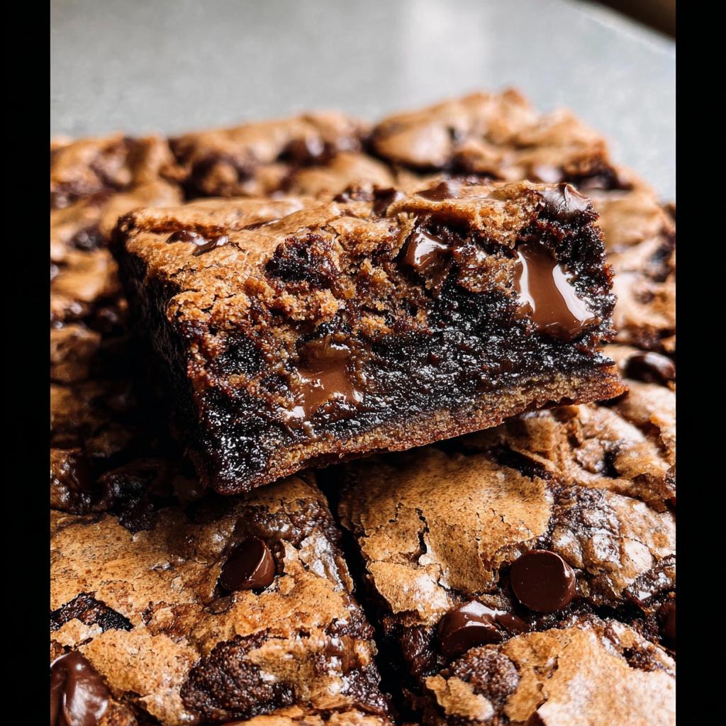 A close-up of a rich, gooey Brown Butter Brookie with melted chocolate chips.