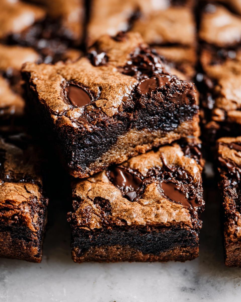 Close-up of rich, fudgy Brown Butter Brookies with melted chocolate chips, stacked on a marble surface.