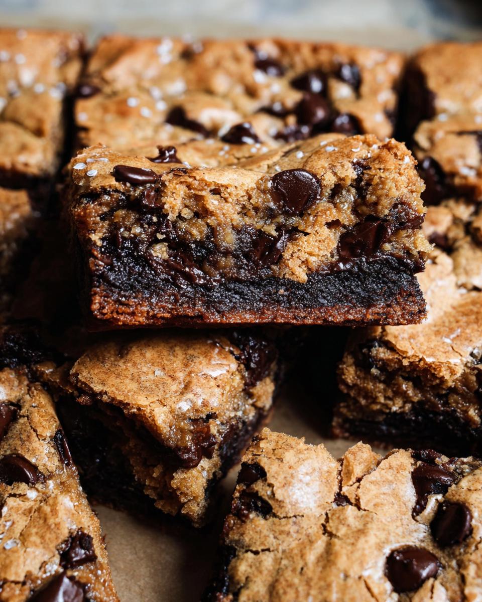 Close-up of a stack of rich Brown Butter Brookies, featuring layers of chewy brownie and chocolate chip cookie, sprinkled with sea salt.