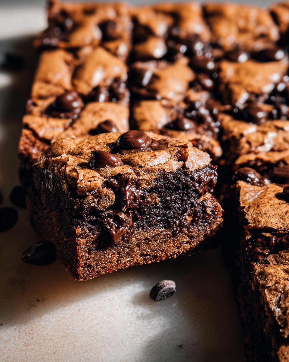 Close-up of a fudgy Brown Butter Brookie with melted chocolate chips and a chewy texture.