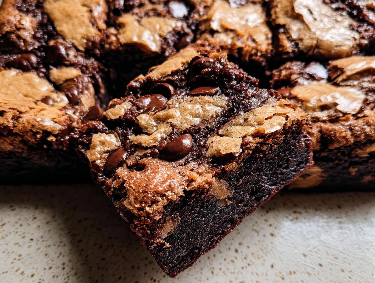 Close-up of a rich Brown Butter Brookie, showing layers of chocolate and cookie dough with melted chocolate chips.
