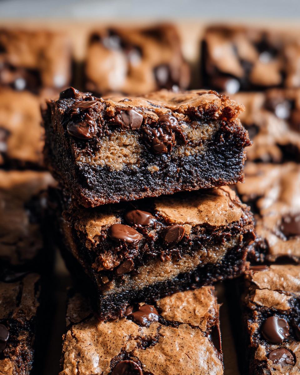 Stack of rich, fudgy Brown Butter Brookies with gooey chocolate chips and a blondie layer.