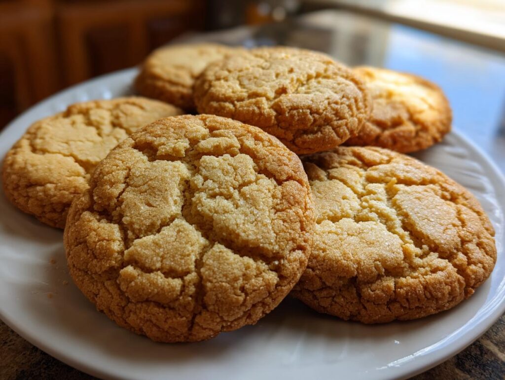 A pile of golden-brown brown butter cookies with a cracked surface, on a white plate.