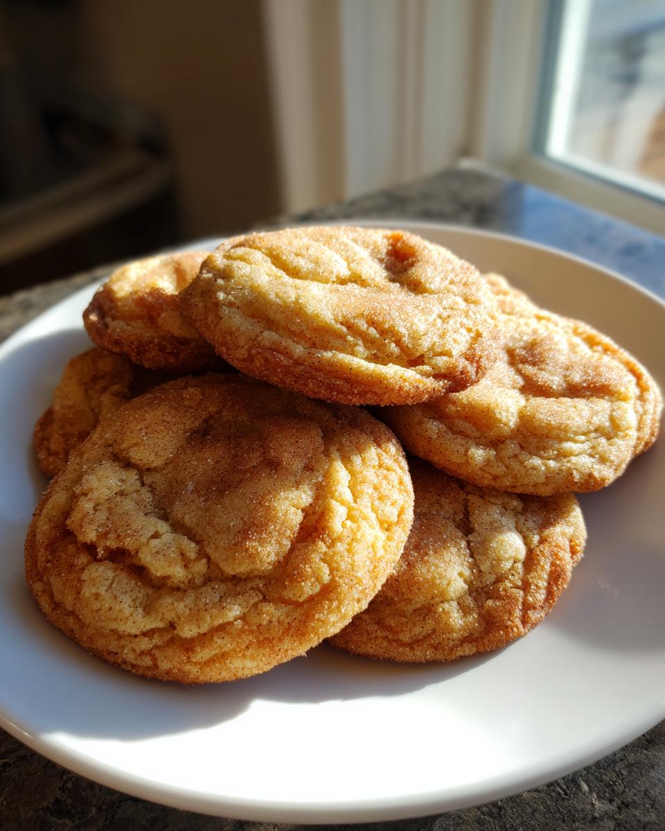 A stack of golden brown butter cookies, dusted with cinnamon sugar, on a white plate.