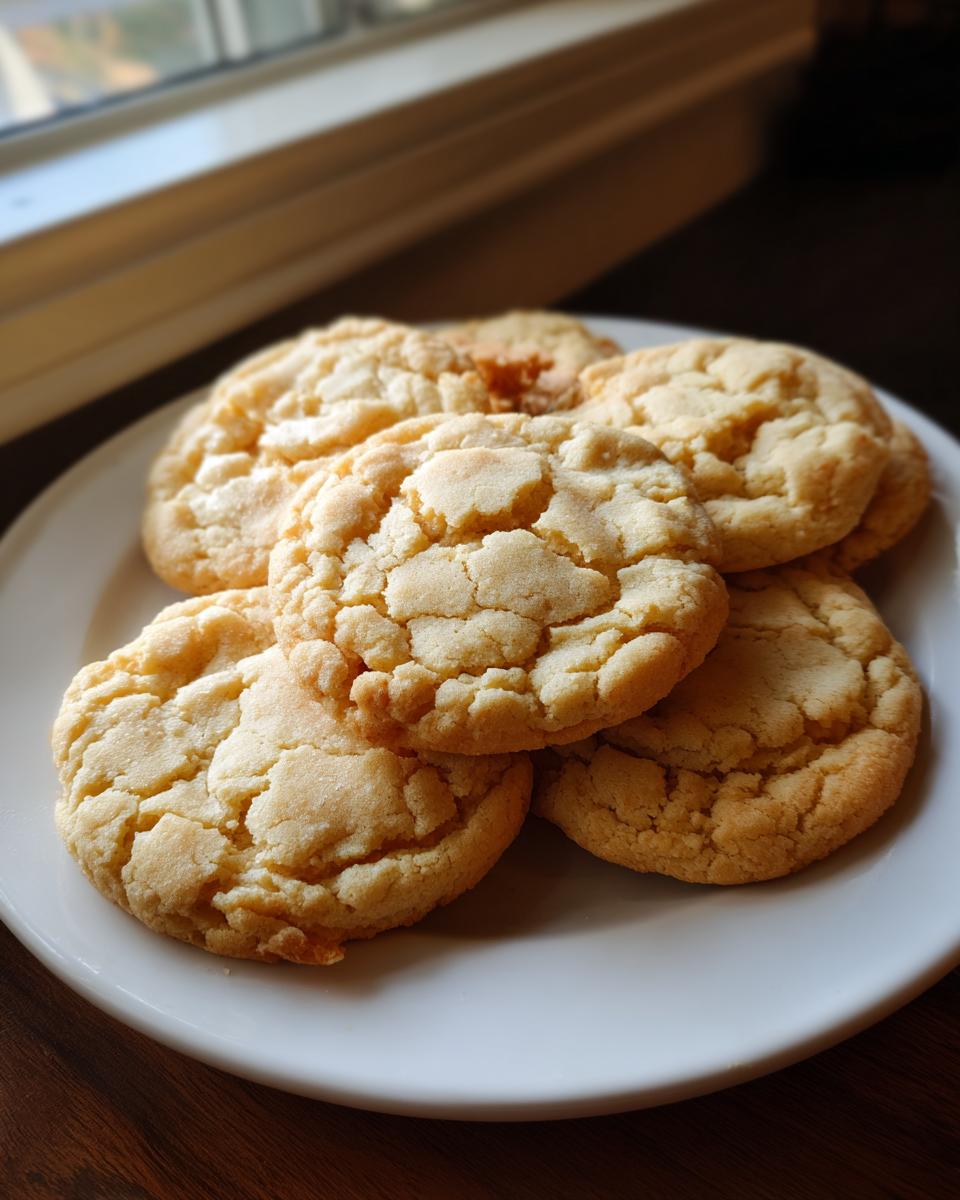 A stack of golden brown butter cookies on a white plate, showcasing their crinkled texture.