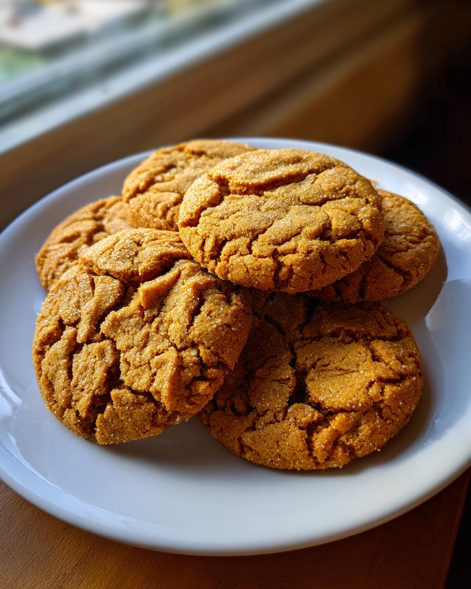 A pile of golden brown butter cookies with a cracked surface and sugar crystals, on a white plate.