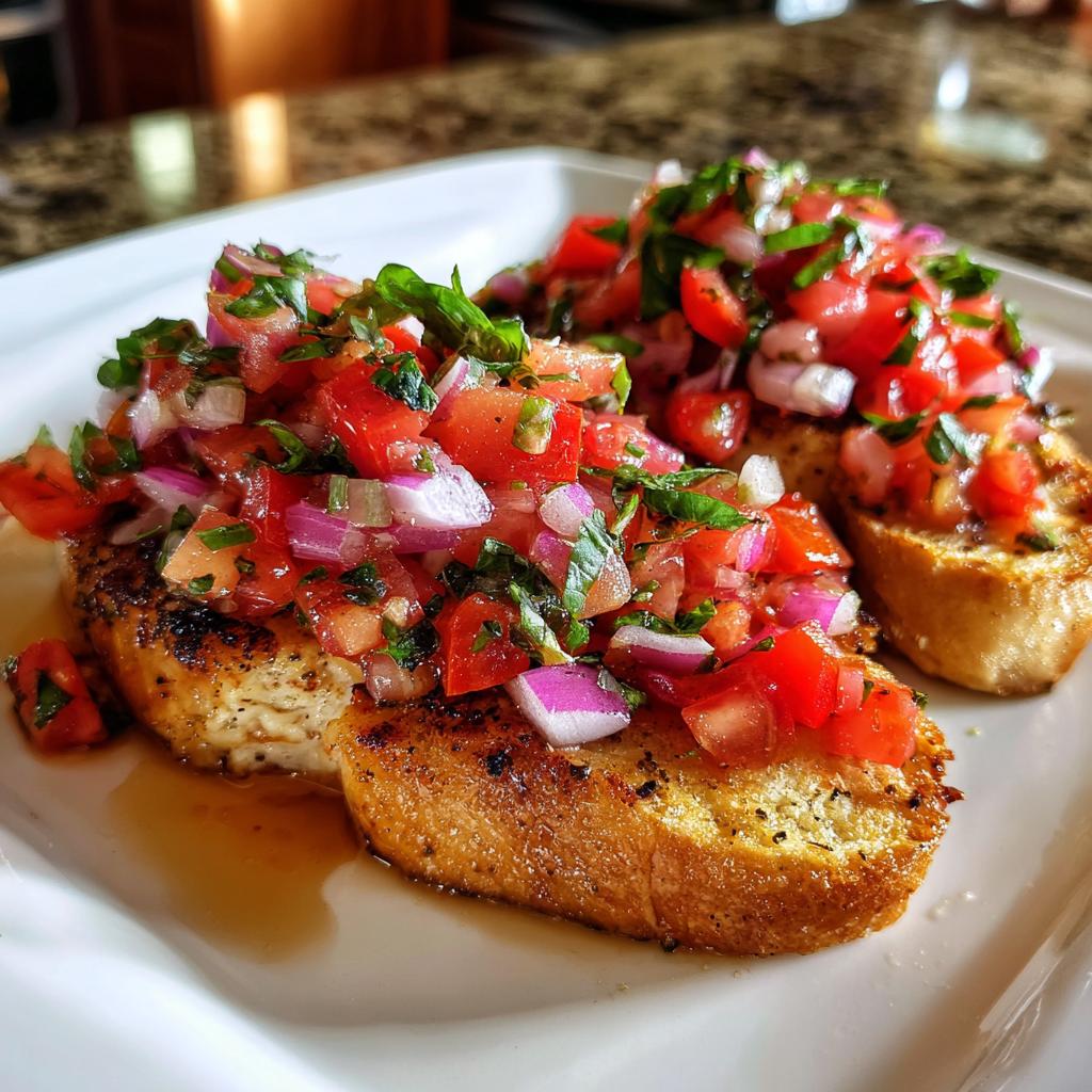 Close-up of grilled chicken breast topped with fresh bruschetta mix of tomatoes, red onion, and basil.