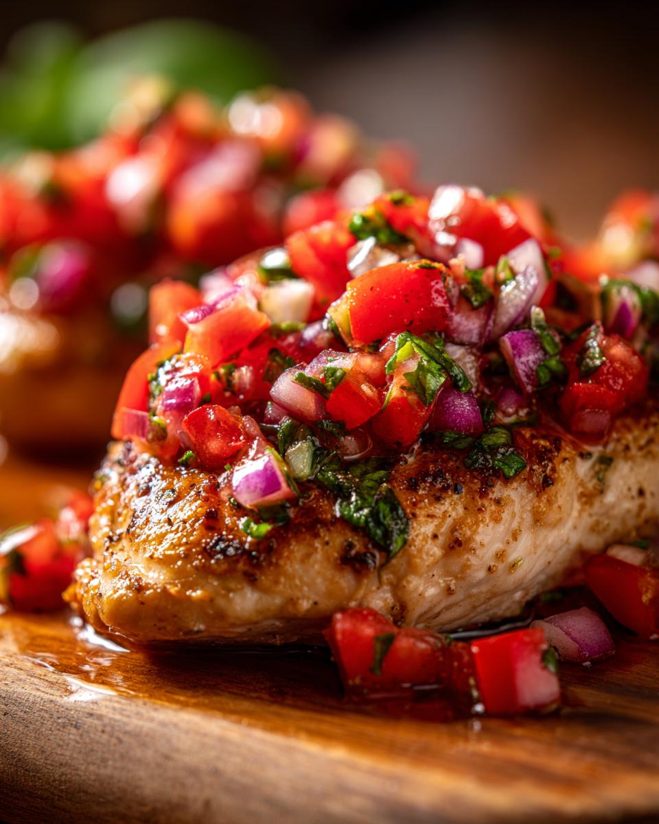 A close-up of a juicy chicken breast topped with fresh bruschetta mixture of tomatoes, red onion, and herbs.