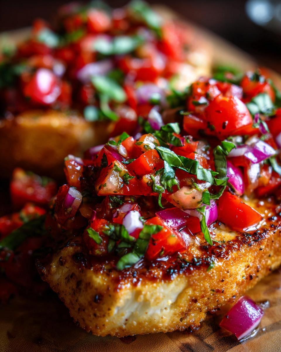 Close-up of a perfectly cooked chicken breast topped with fresh bruschetta mixture of tomatoes, red onion, and basil.