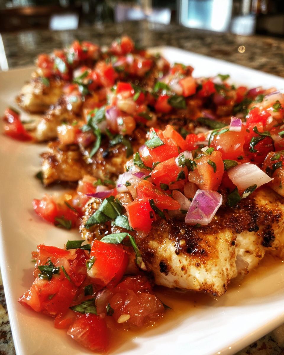 Close-up of grilled chicken breasts topped with fresh bruschetta mixture of tomatoes, red onion, and basil.