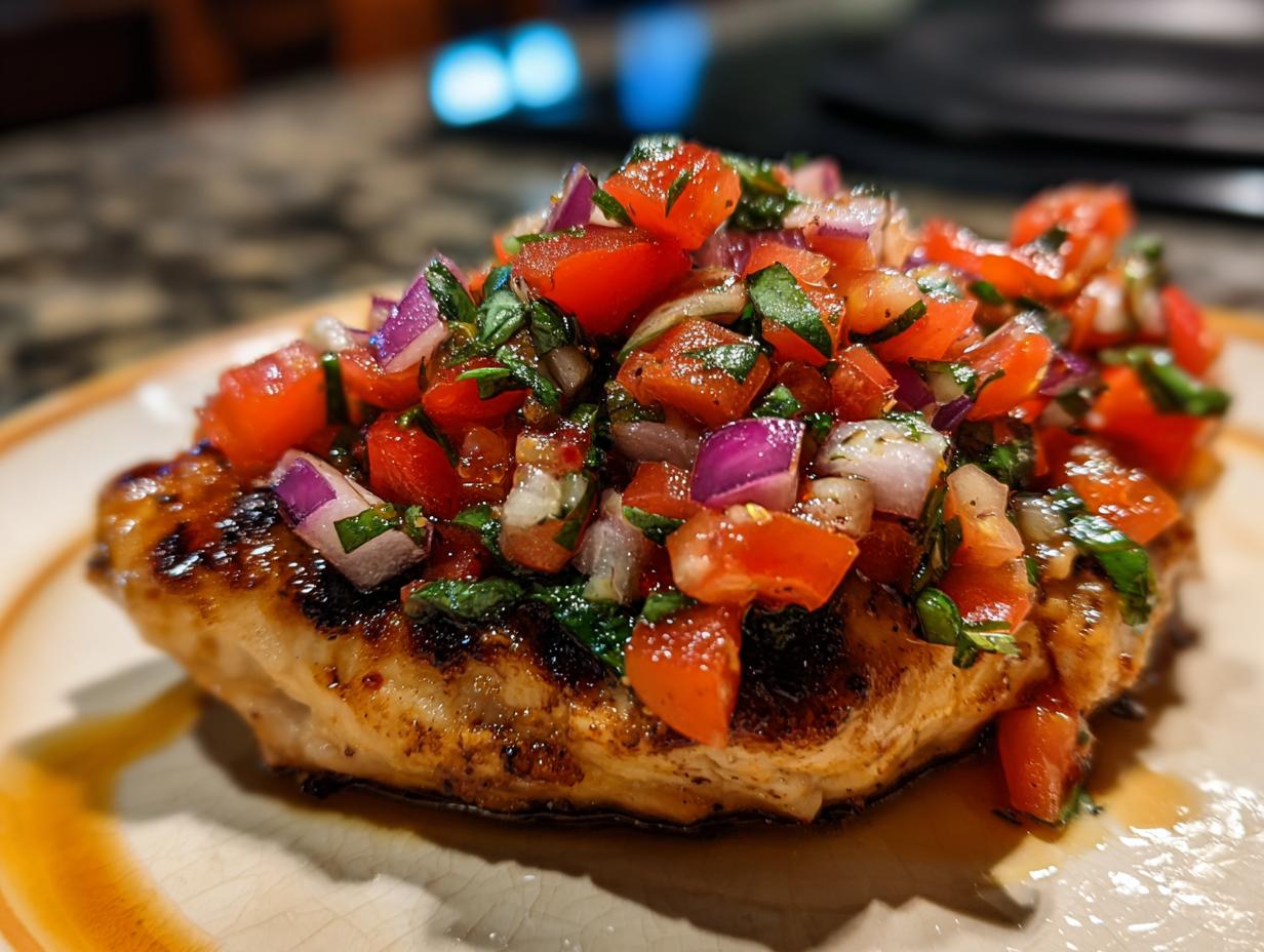 A grilled chicken breast topped with a fresh bruschetta mixture of tomatoes, red onion, and basil.