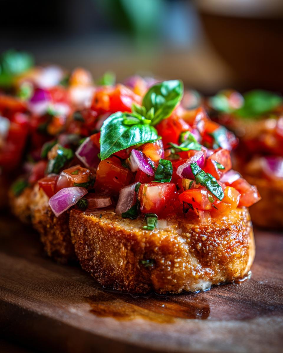 Close-up of bruschetta chicken topping with fresh tomatoes, red onion, basil, and herbs on toasted bread.