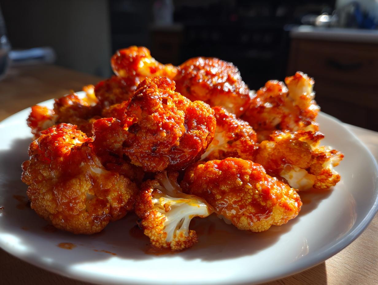 A white plate piled high with crispy, saucy buffalo cauliflower florets, ready to be enjoyed.