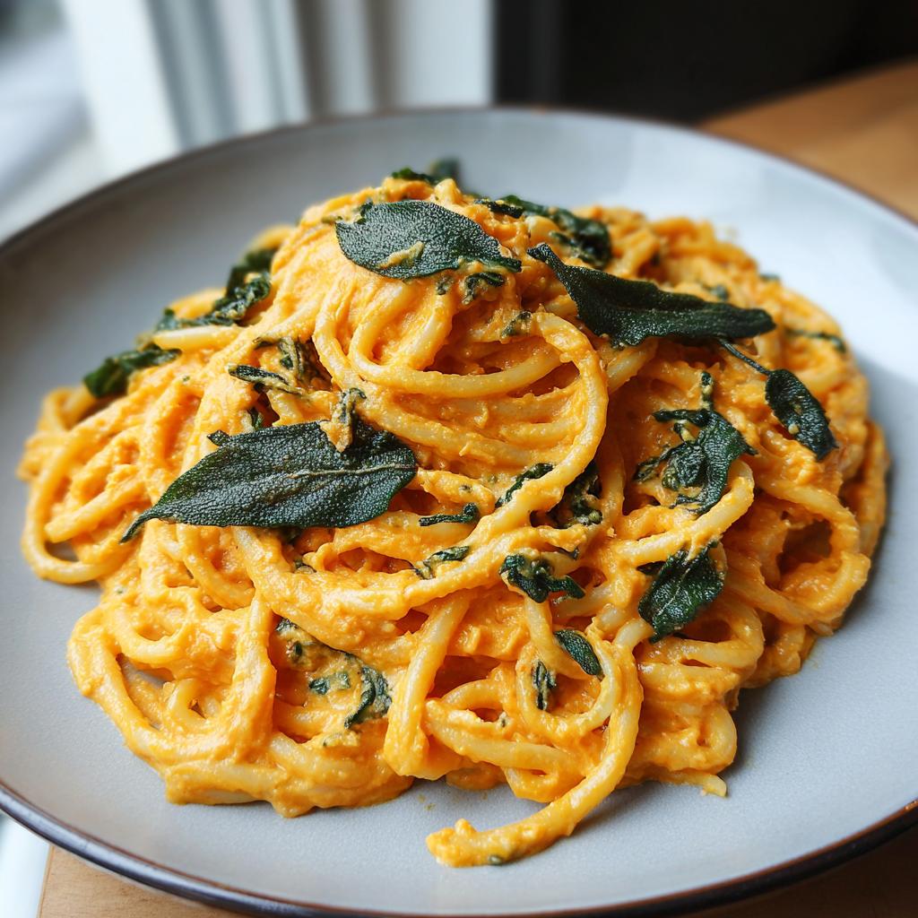 A close-up of creamy butternut squash pasta topped with crispy sage leaves.