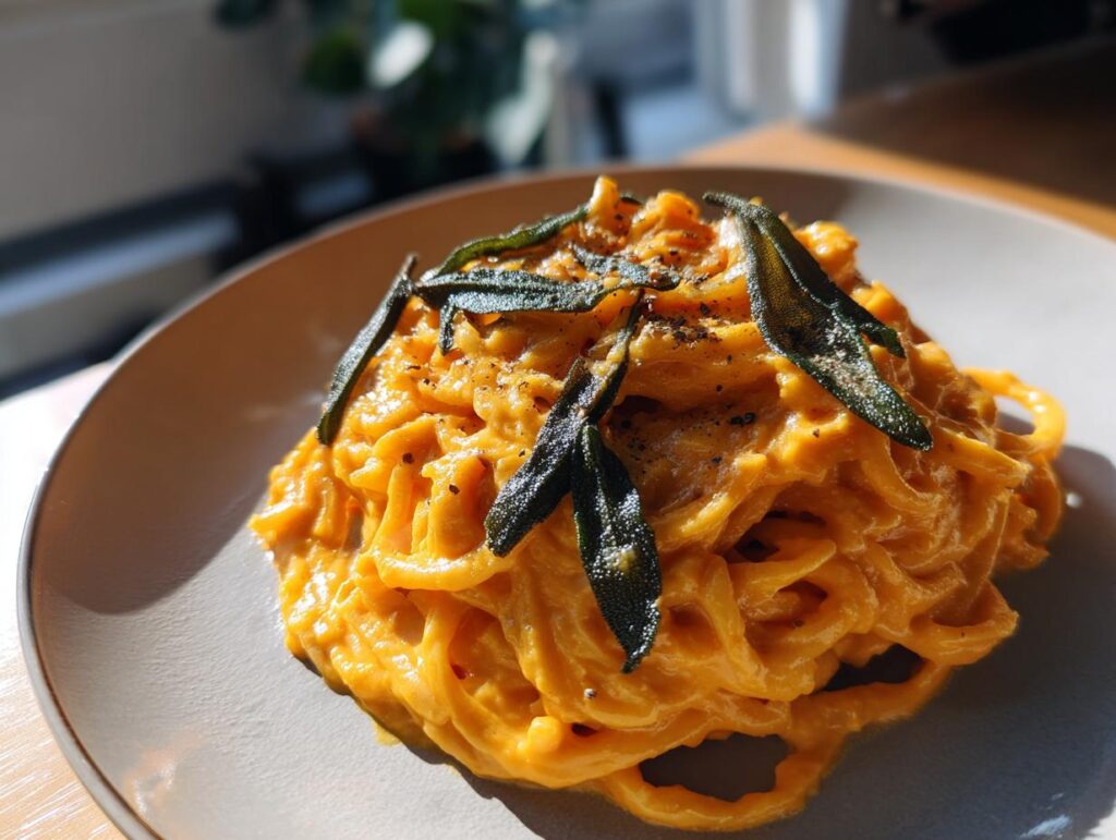 A close-up of butternut squash pasta with crispy sage leaves and black pepper on a light gray plate.