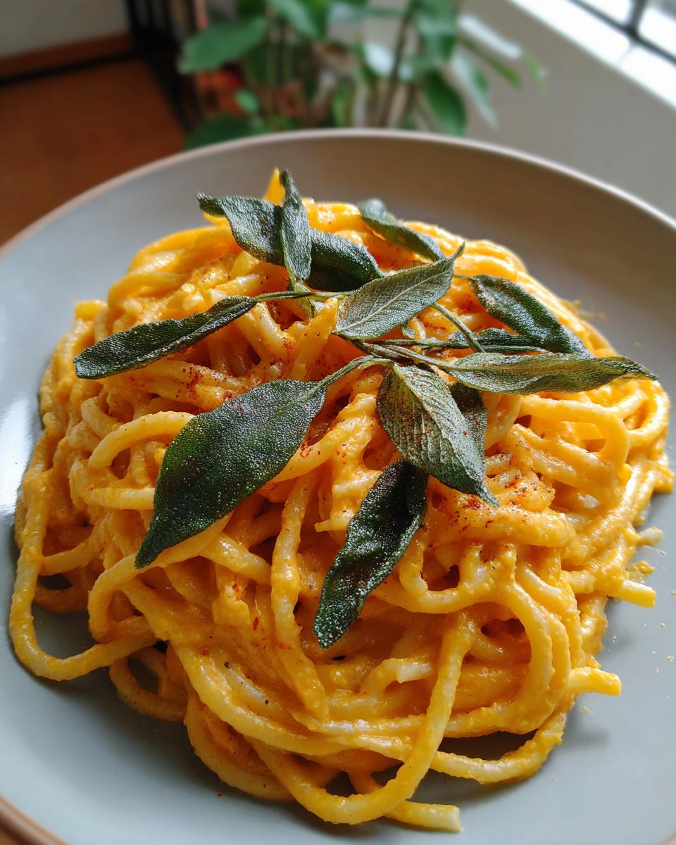 A close-up of creamy butternut squash pasta topped with fresh, crispy sage leaves.