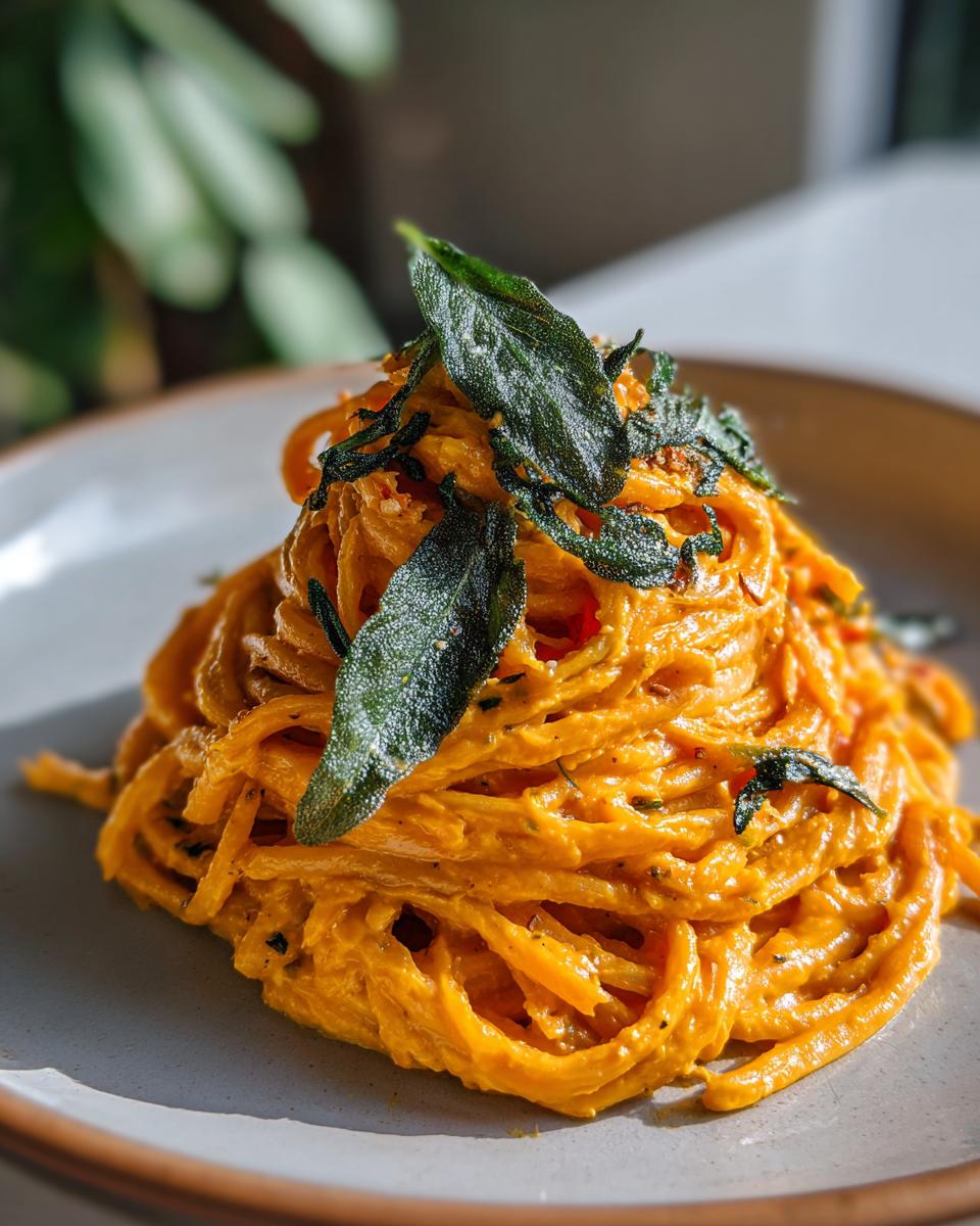 A close-up of a plate of butternut squash pasta with crispy sage leaves on top.